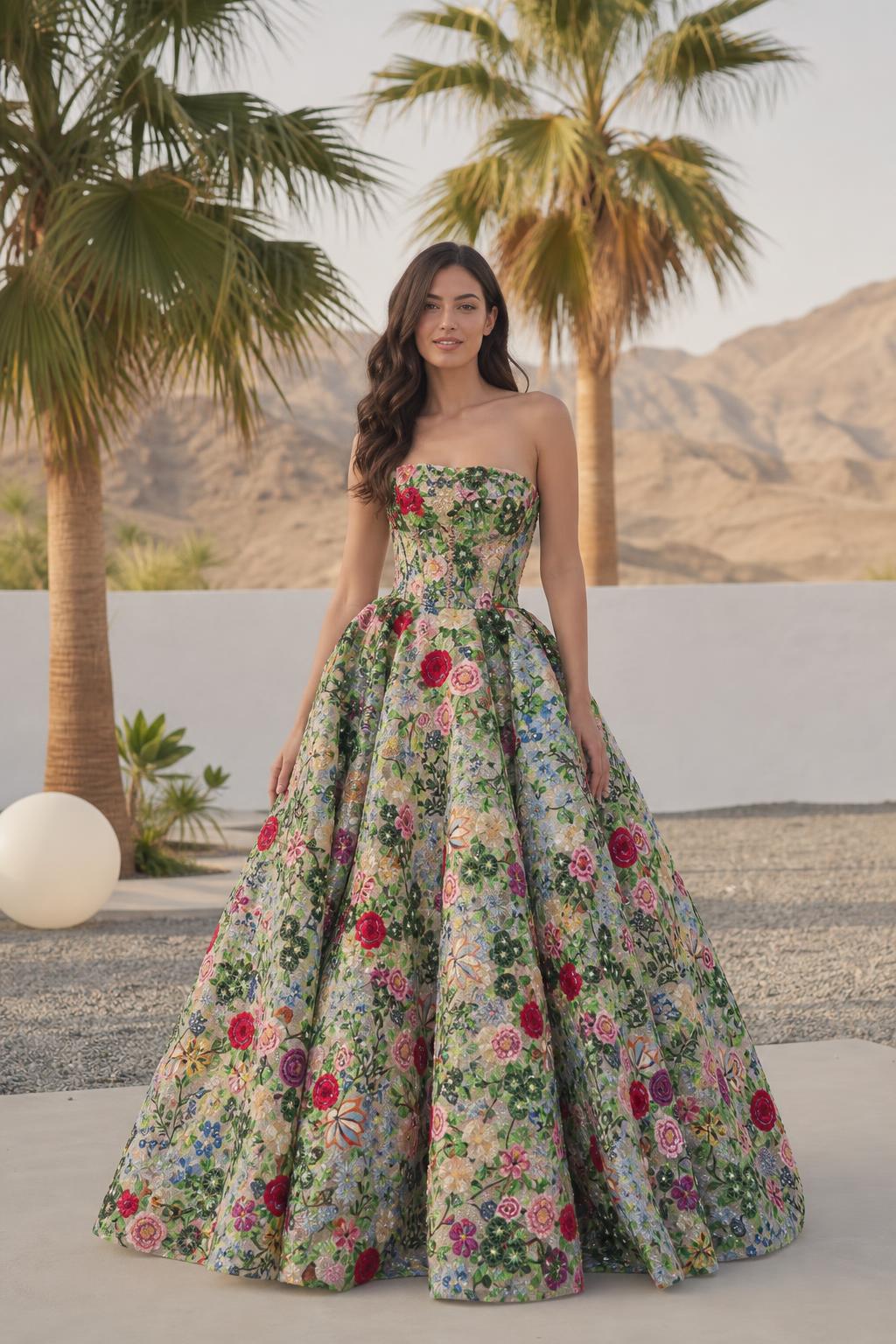 Front view of multi green floral embroidered strapless ball gown