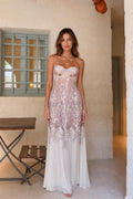 Ethereal paisley print corset maxi dress in white front view