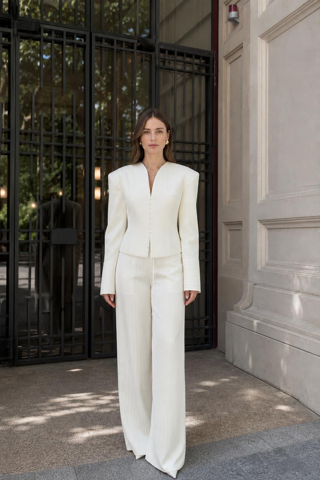 Model wearing white structured pinstripe blazer and wide-leg pants set, front view