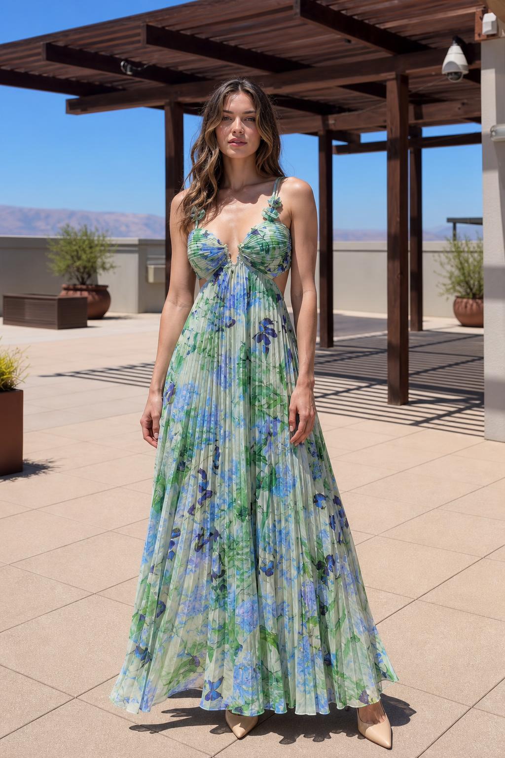 Front view of model wearing Green Floral pleated maxi dress