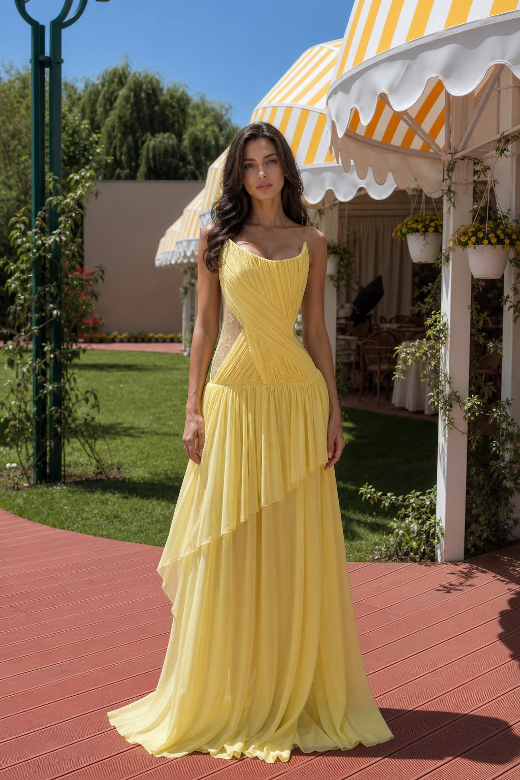 Front view of yellow pleated chiffon evening dress
