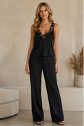 Black lace trim cami pajama set front view with wide leg pants