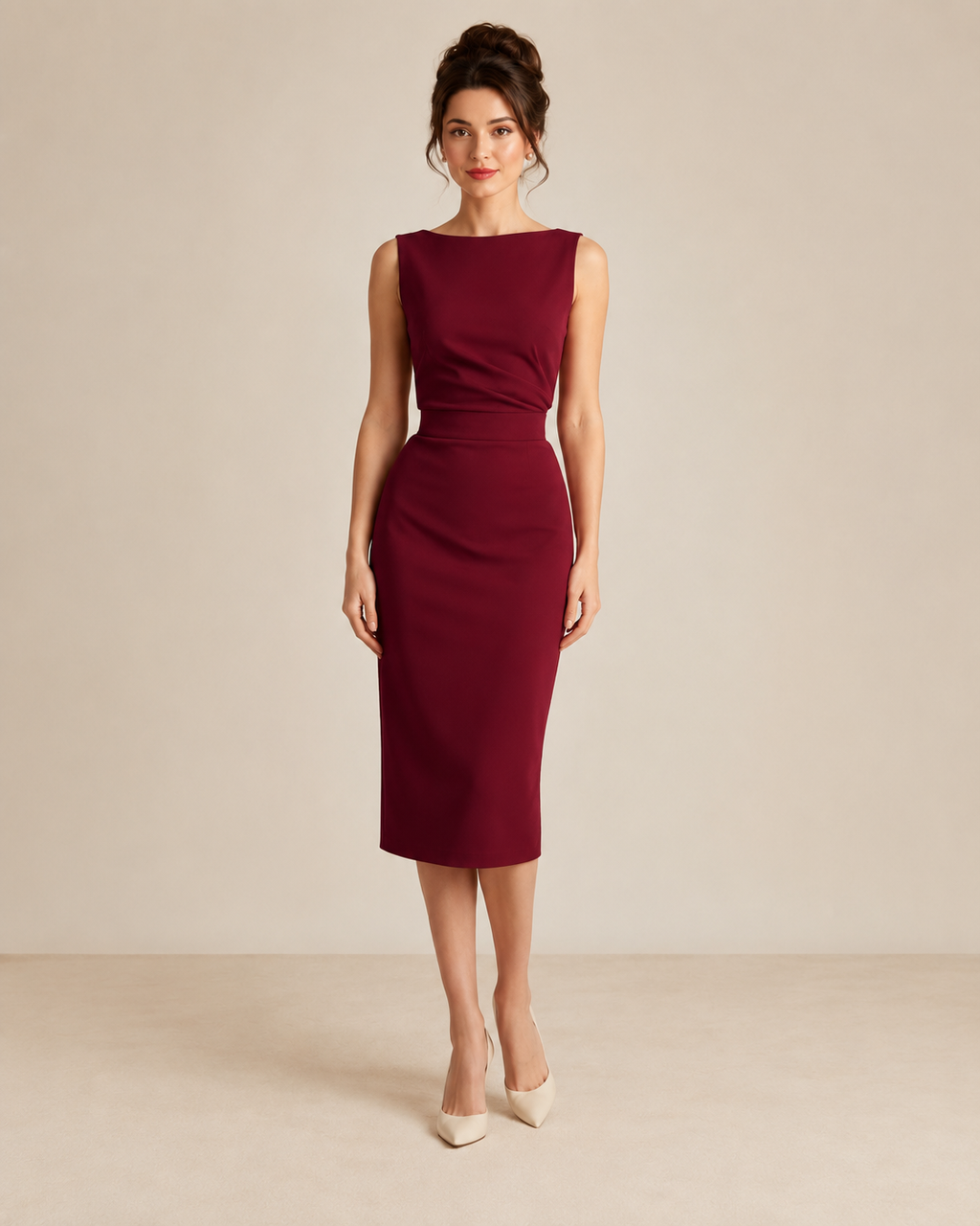 Front view of burgundy sleeveless ruched waist midi sheath dress with boat neckline