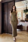 Front view of woman wearing olive ribbed knit two-piece set