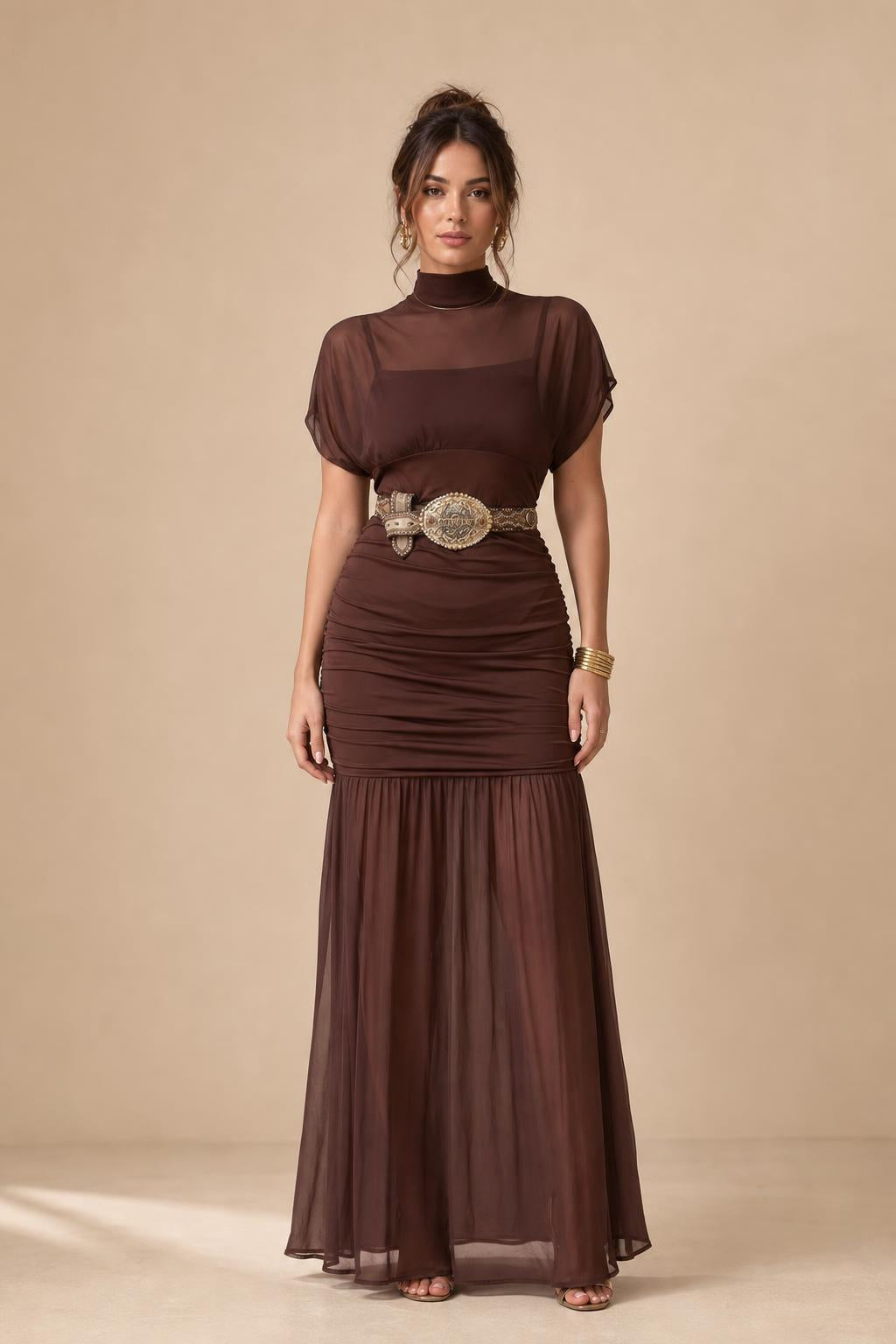 Front view of the brown mock neck ruched mesh maxi dress