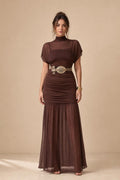 Front view of the brown mock neck ruched mesh maxi dress
