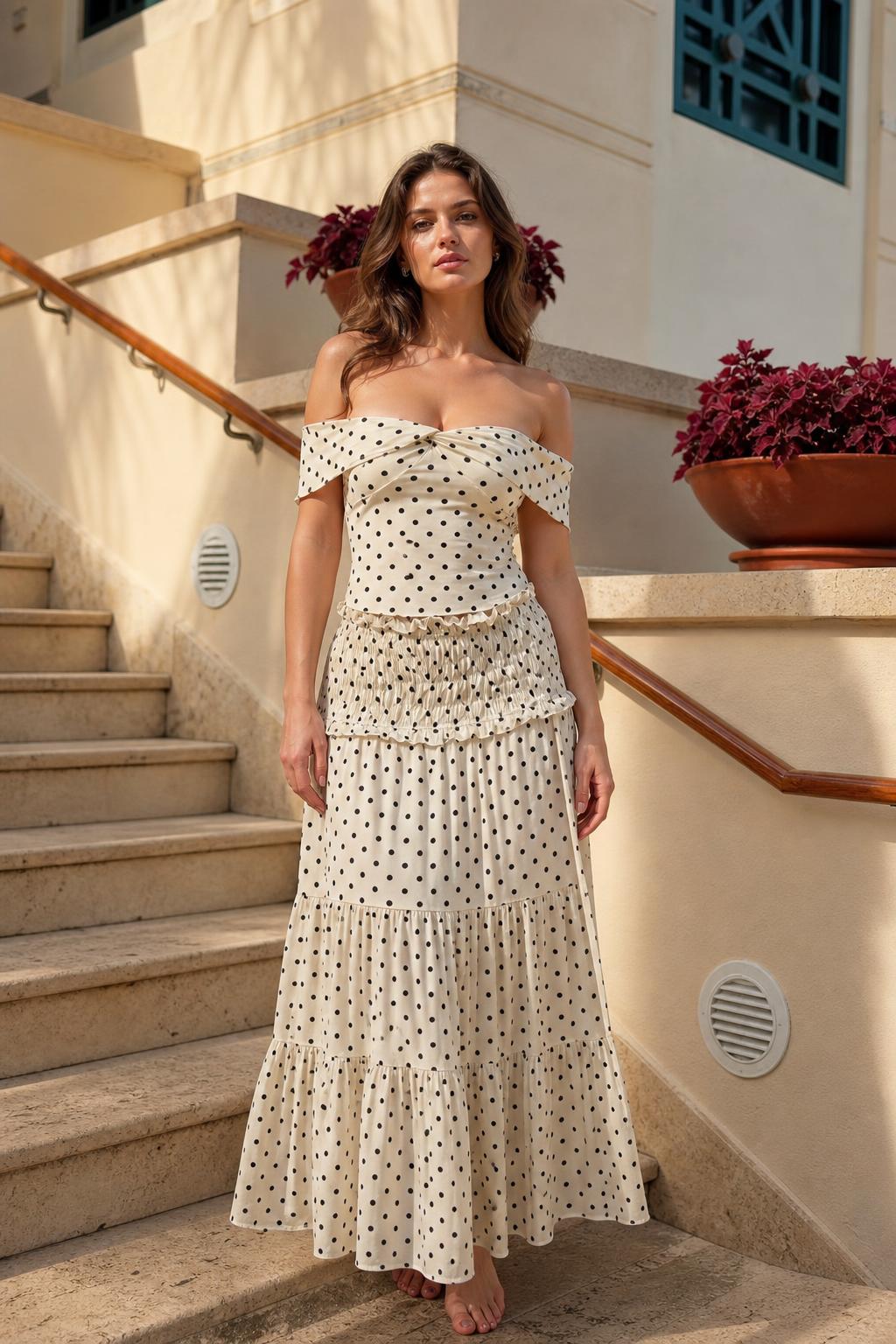 Model wearing cream polka dot off-the-shoulder maxi dress, front view