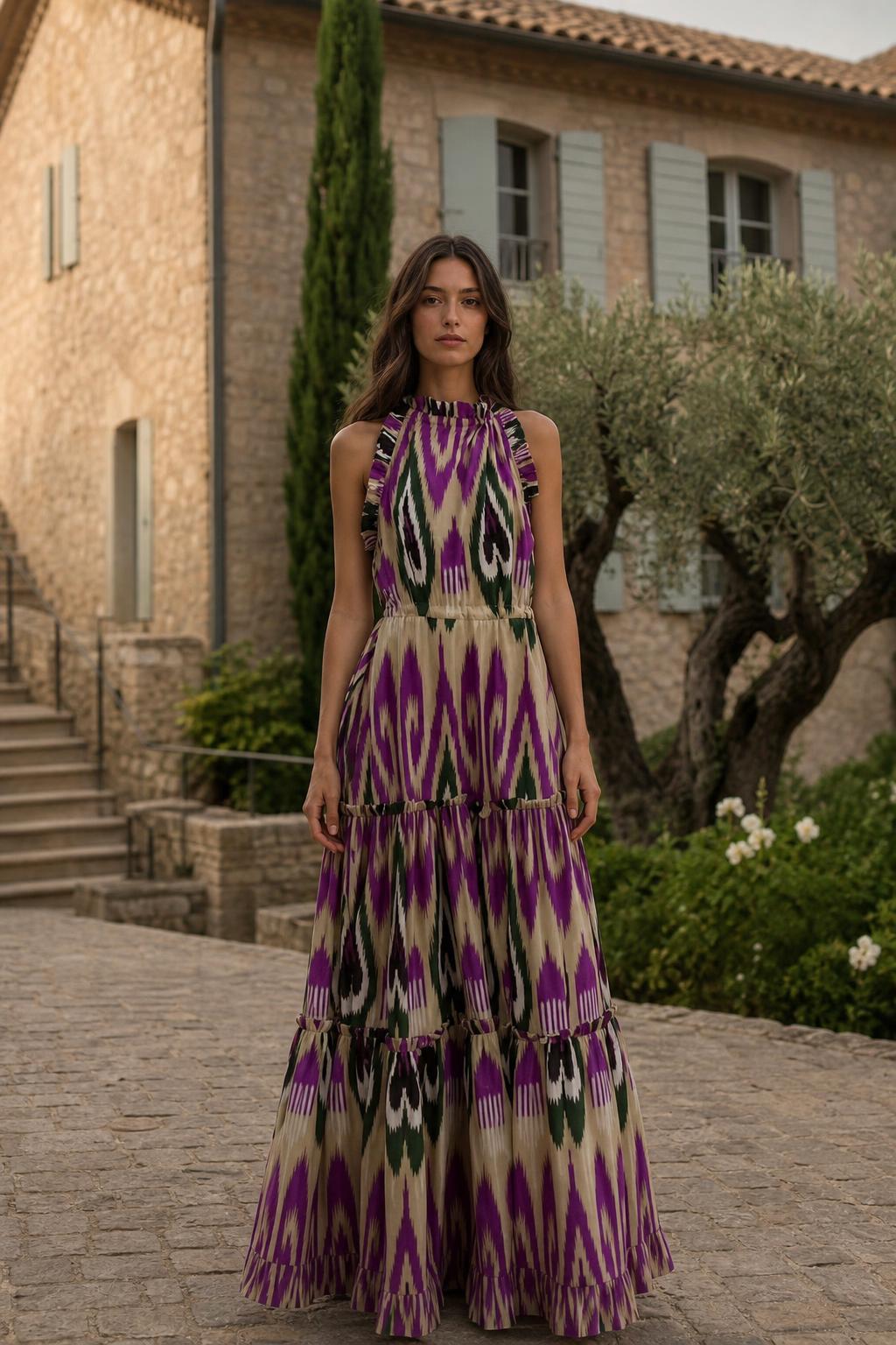 Front view of model wearing purple multi ikat print maxi dress in a courtyard