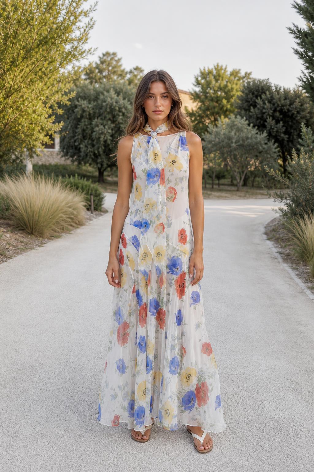 Front view of model wearing white floral halter maxi dress outdoors