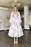 Front view of white floral midi dress