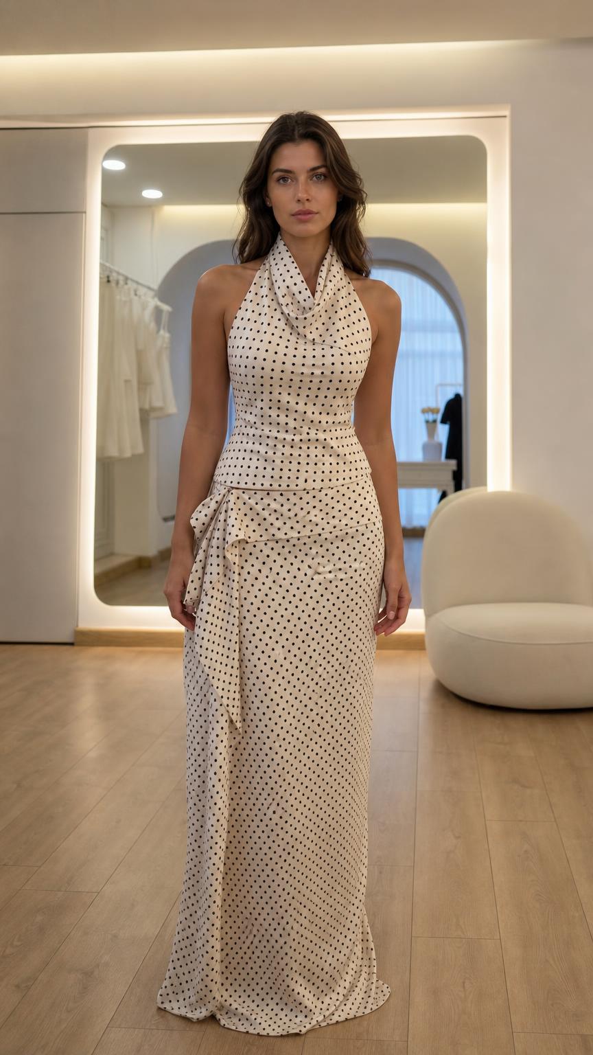 Front view of model wearing white polka dot halter top and maxi skirt set