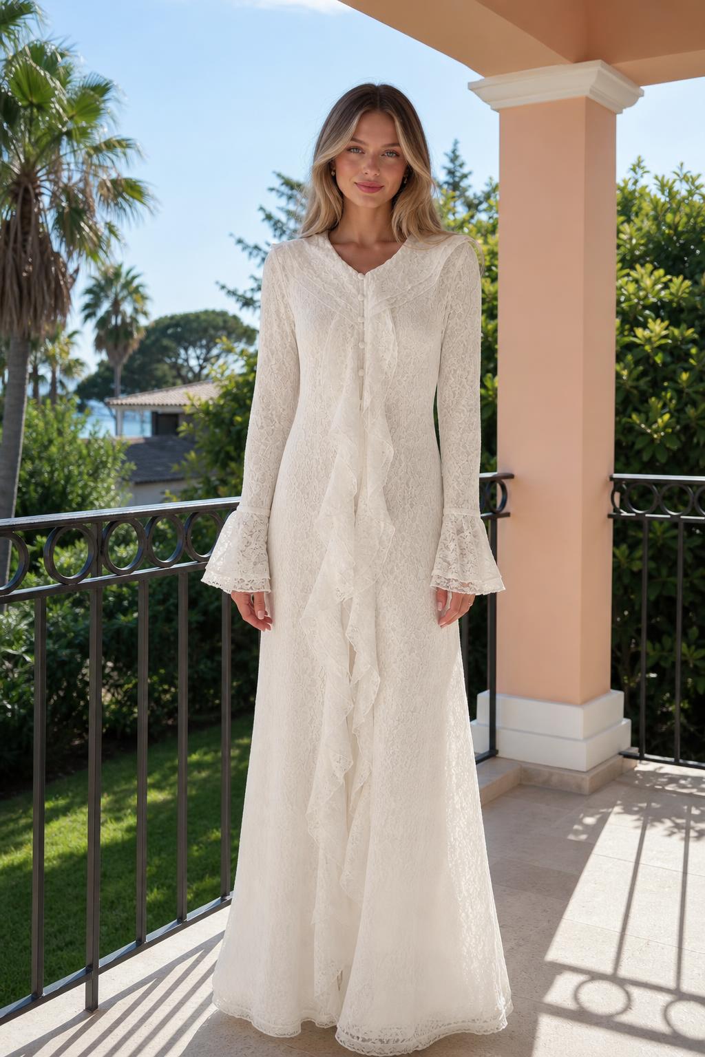 Front view of woman wearing white long sleeve lace ruffle maxi dress
