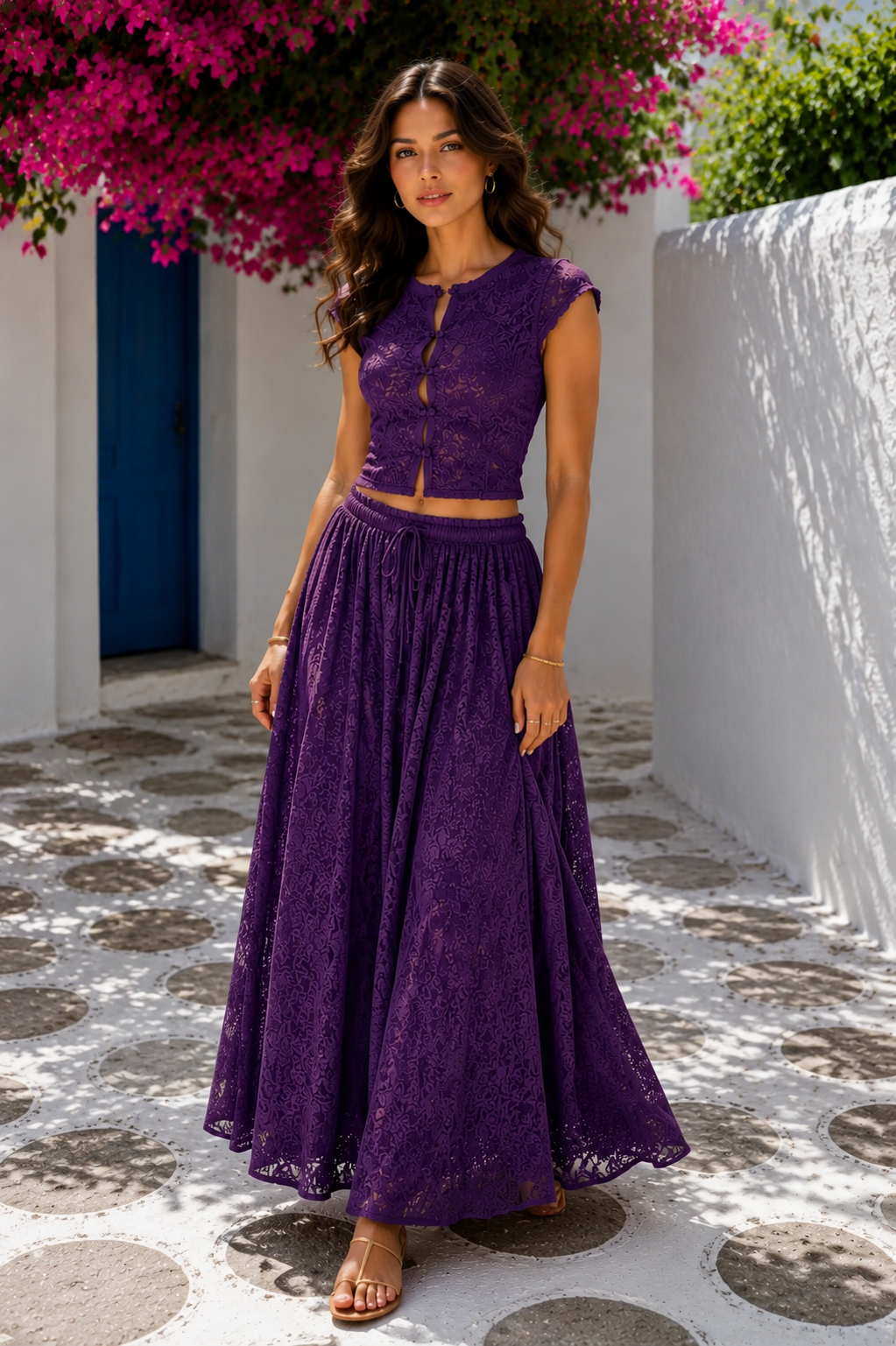 Purple lace-look crop top and maxi skirt two-piece set front view