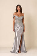 Front view of woman wearing silver off-shoulder beaded corset evening gown