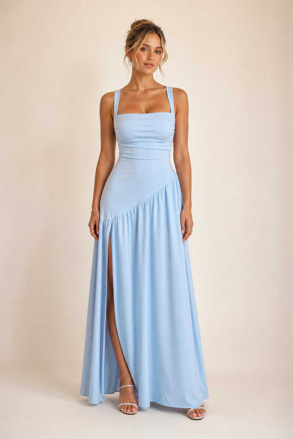 Front view of light blue square neck maxi dress with high slit