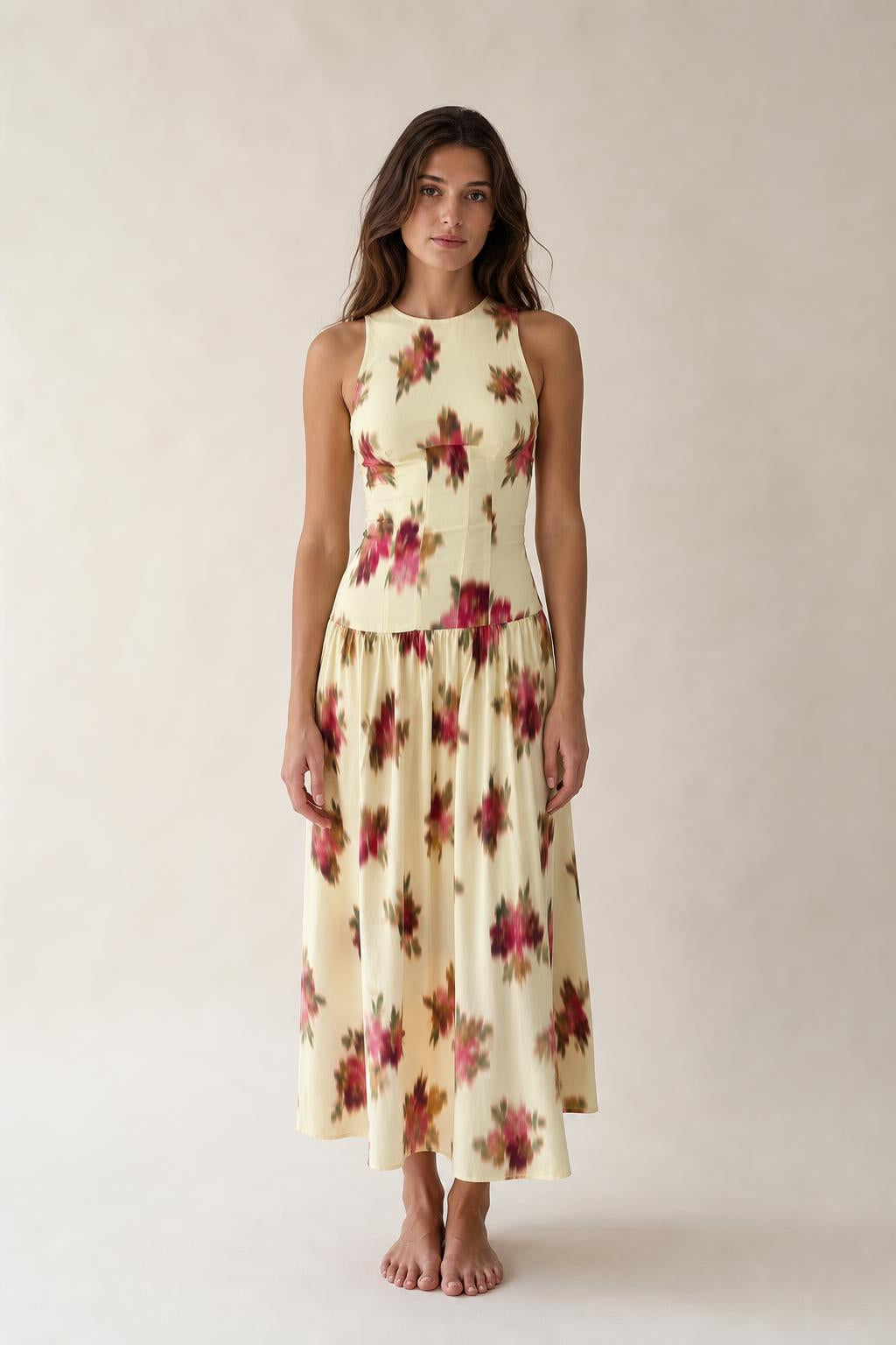 Front view of woman wearing Floral Cream sleeveless midi dress