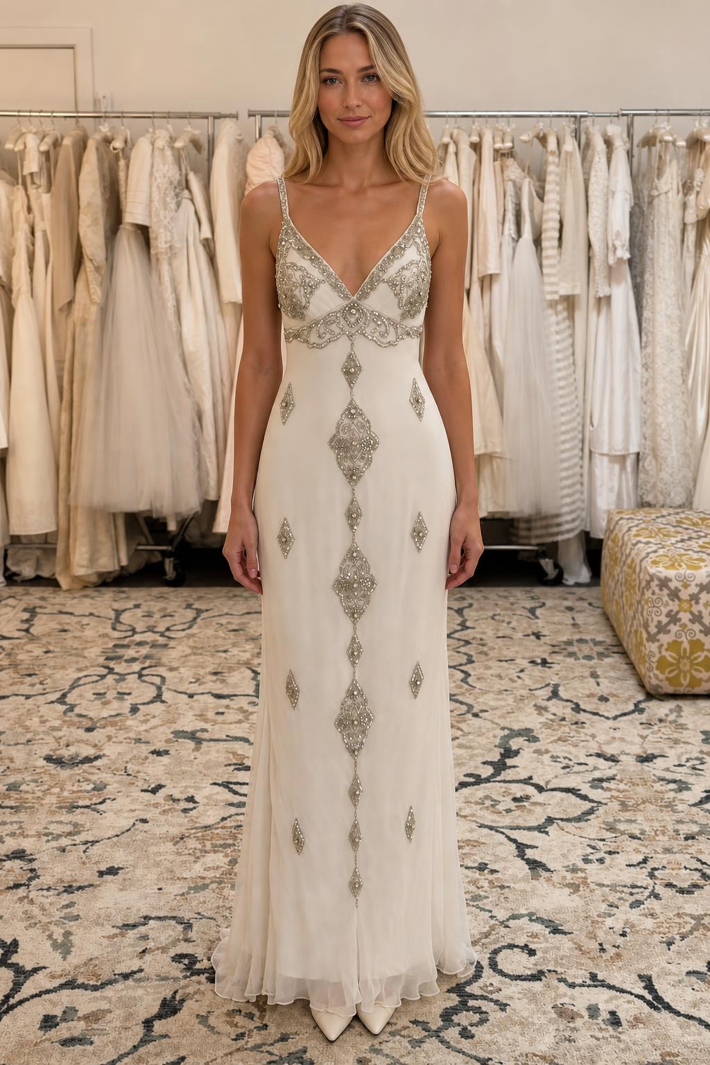 Front view of ivory embellished V-neck evening gown
