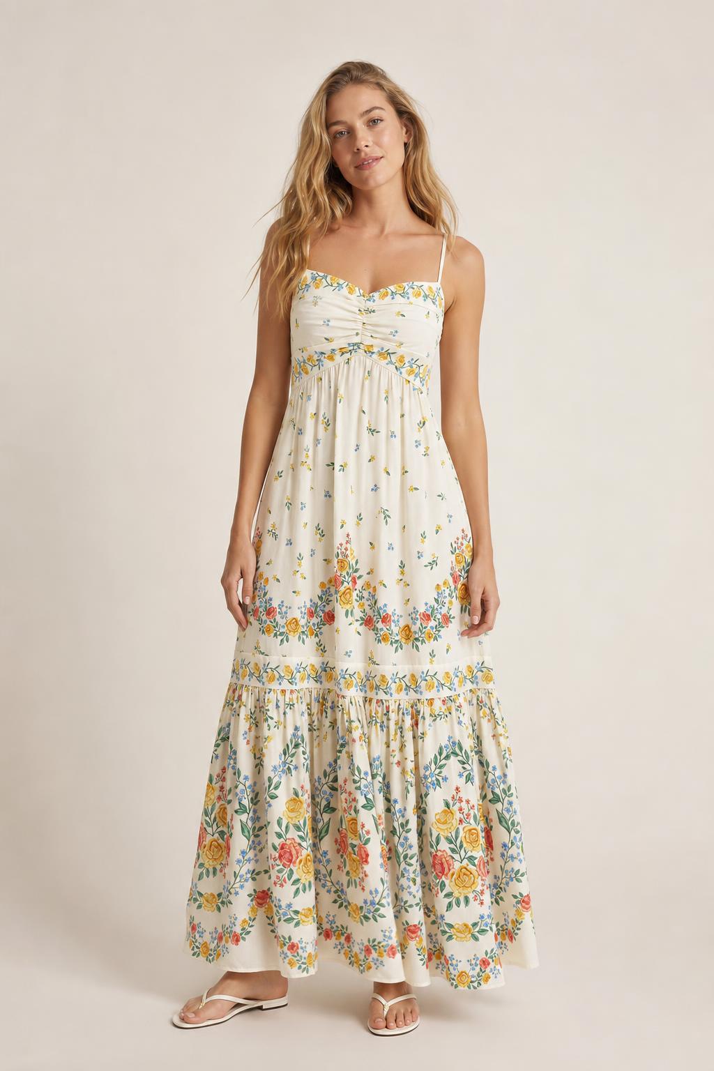 Front view of cream floral maxi dress on model