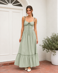 Sage green striped tie-shoulder maxi dress with smocked bodice and tiered hem front view
