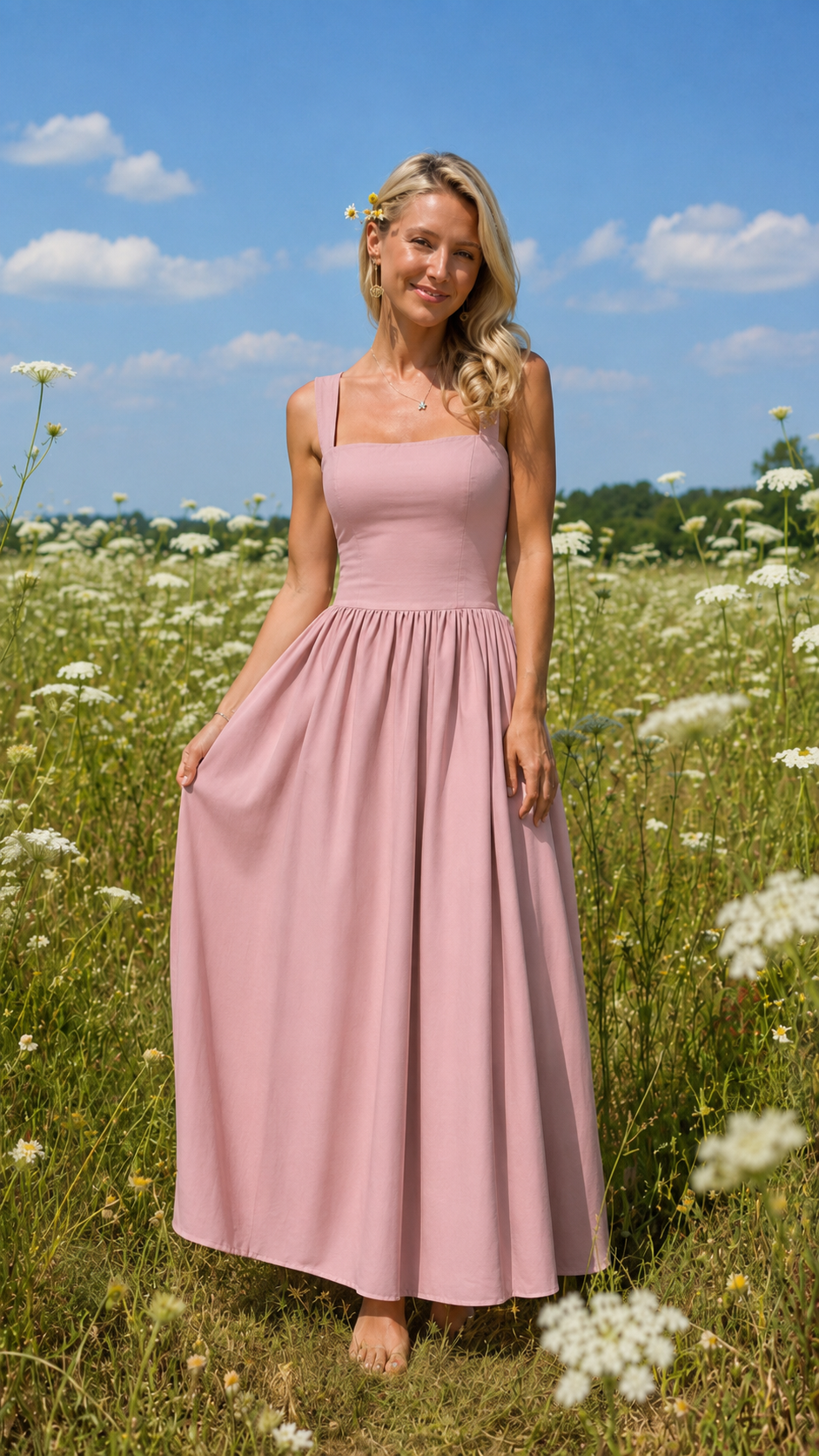 Blush pink square neck sleeveless maxi dress with full flowing skirt front view