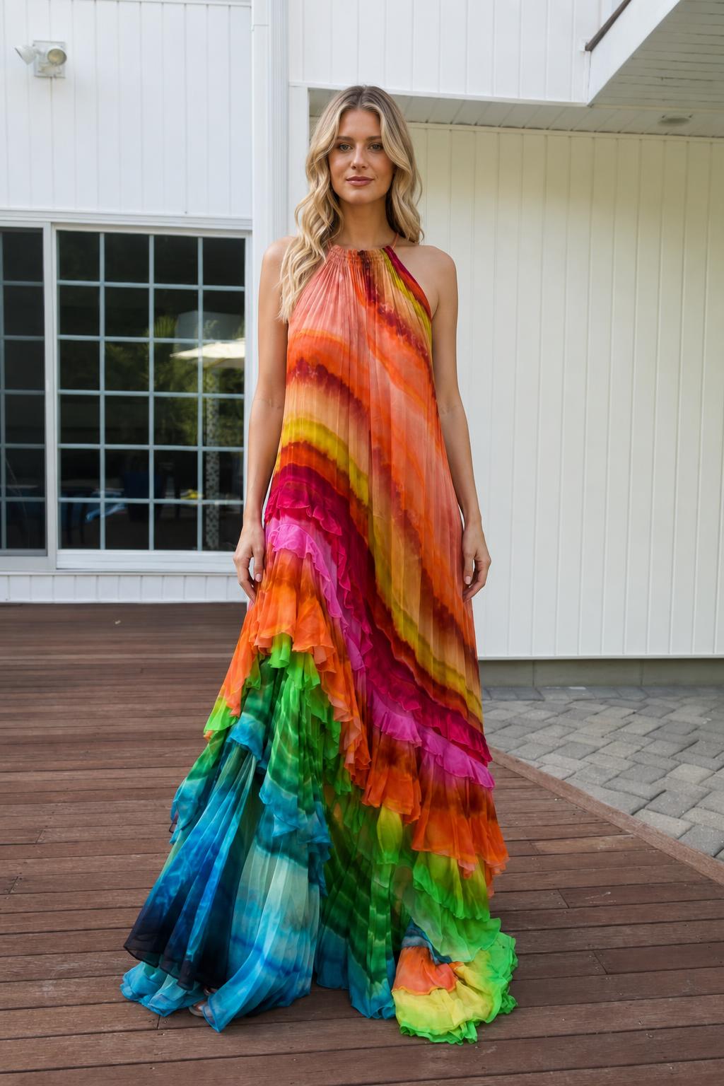Front view of model wearing sunset rainbow halter maxi dress