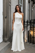 Front view of Ivory one-shoulder draped satin maxi dress