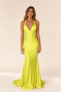Front view of yellow halter maxi dress
