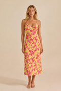 Front view of yellow floral midi slip dress