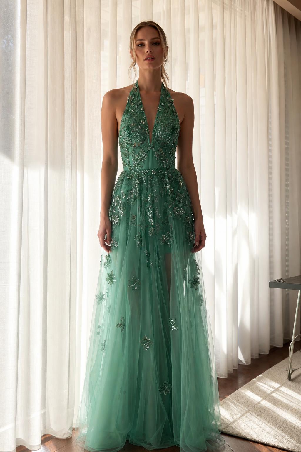 Front view of green embroidered halter evening dress