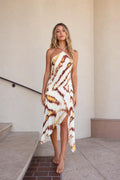 Front view of ivory halter neck asymmetrical midi dress
