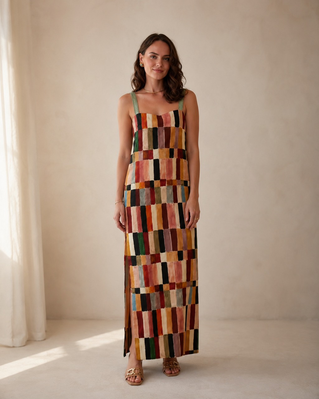 Front view of multicolor patchwork-style sleeveless square neck maxi dress with side slit