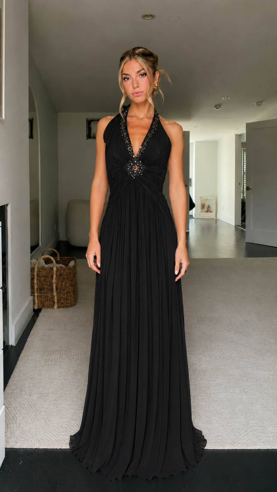 Front view of black beaded halter pleated maxi dress