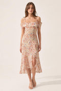 Front view of beige floral off-shoulder midi dress