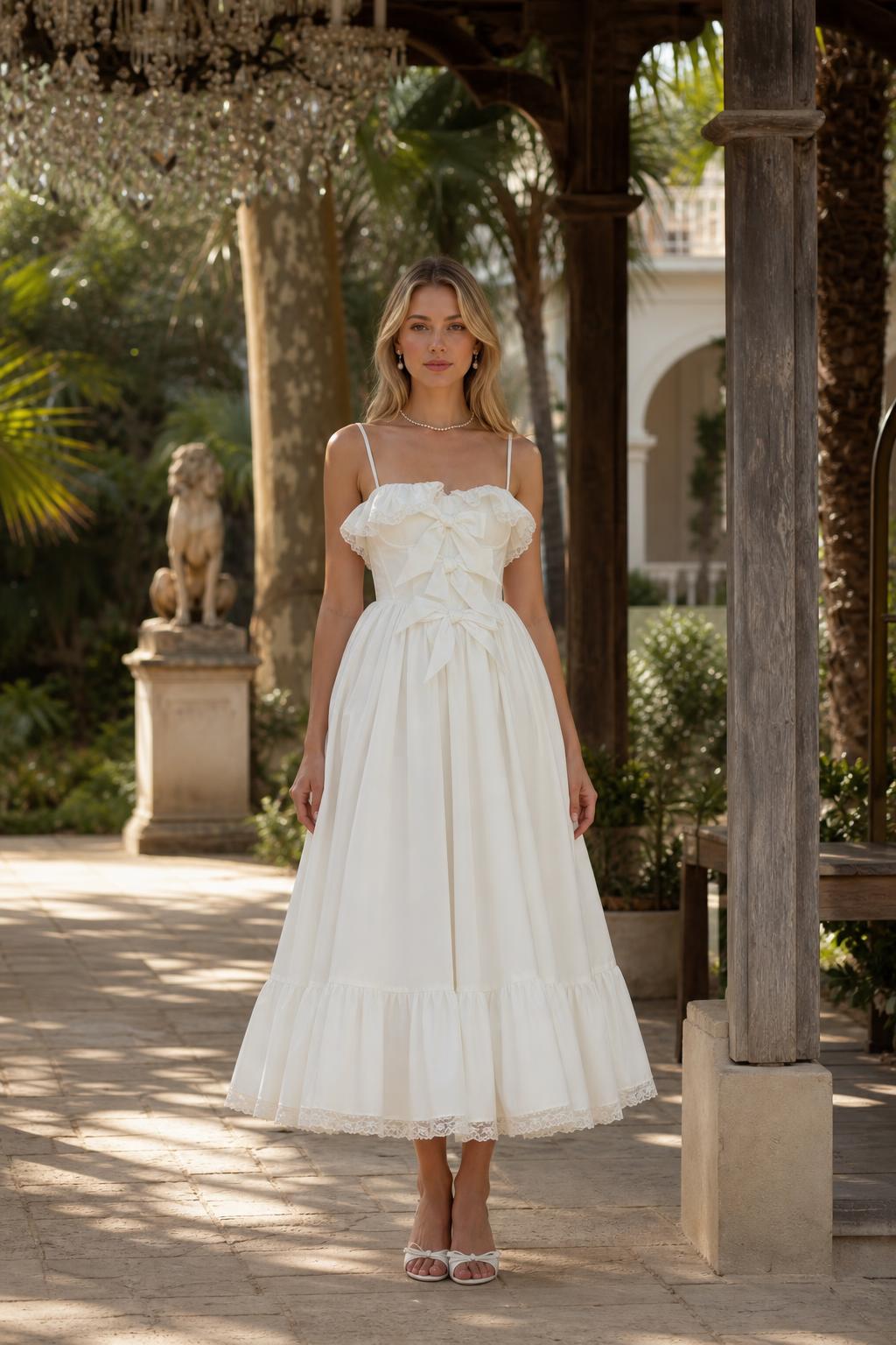 Front view of woman wearing white bow accent midi dress