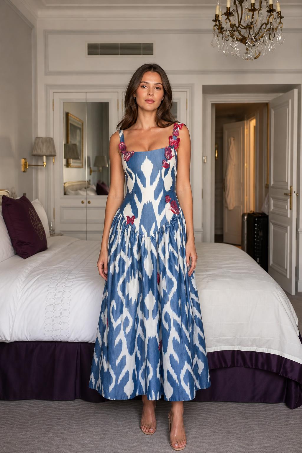 Model wearing blue ikat print midi dress with butterfly appliques front view