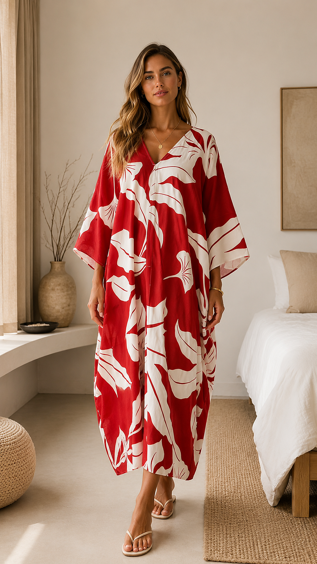 Front view of red tropical print V-neck caftan maxi dress with flowing silhouette