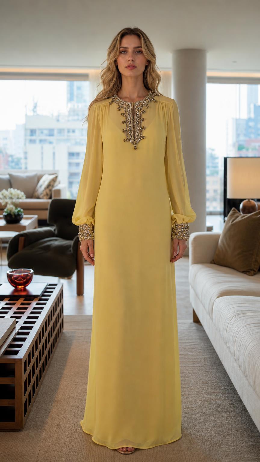 Front view of woman wearing yellow embroidered long sleeve maxi dress
