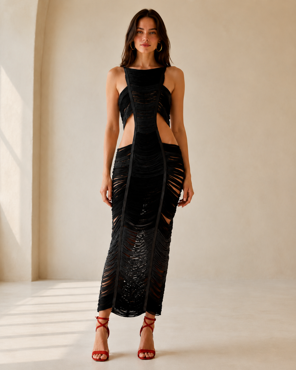 Front view of black sleeveless ruched cutout maxi dress