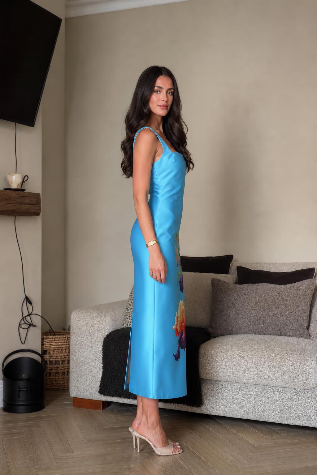 Side profile of blue floral midi dress