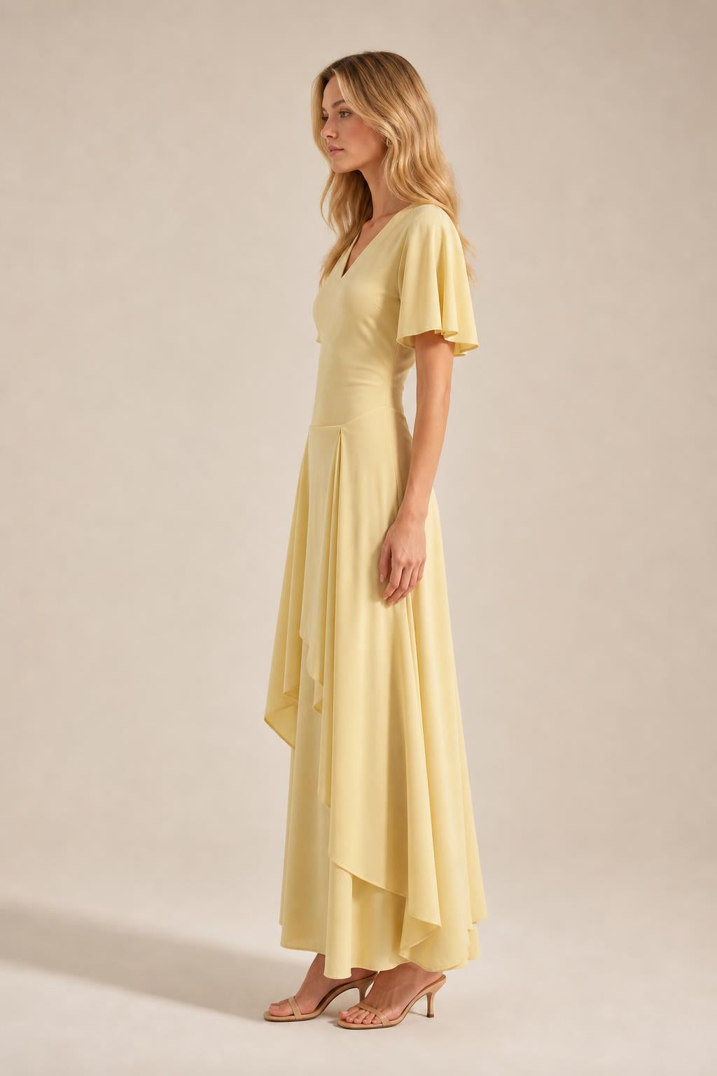 Side profile view of yellow maxi dress showing drape and length