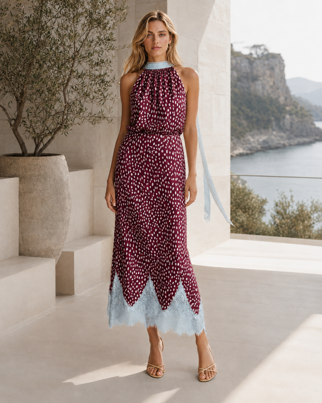 Front view of berry printed halter midi dress with powder blue scalloped hem