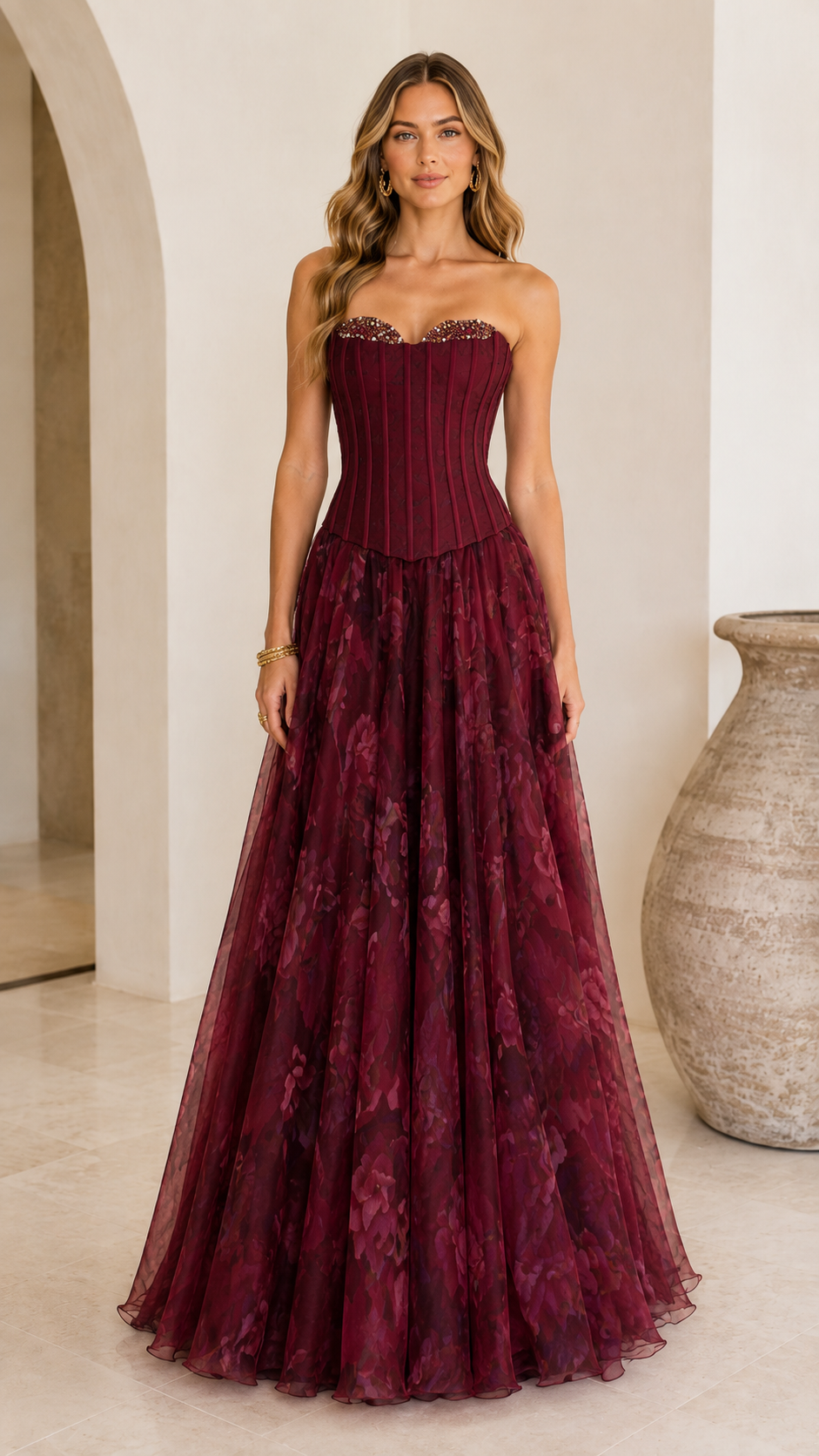 Burgundy strapless corset floral maxi gown front view