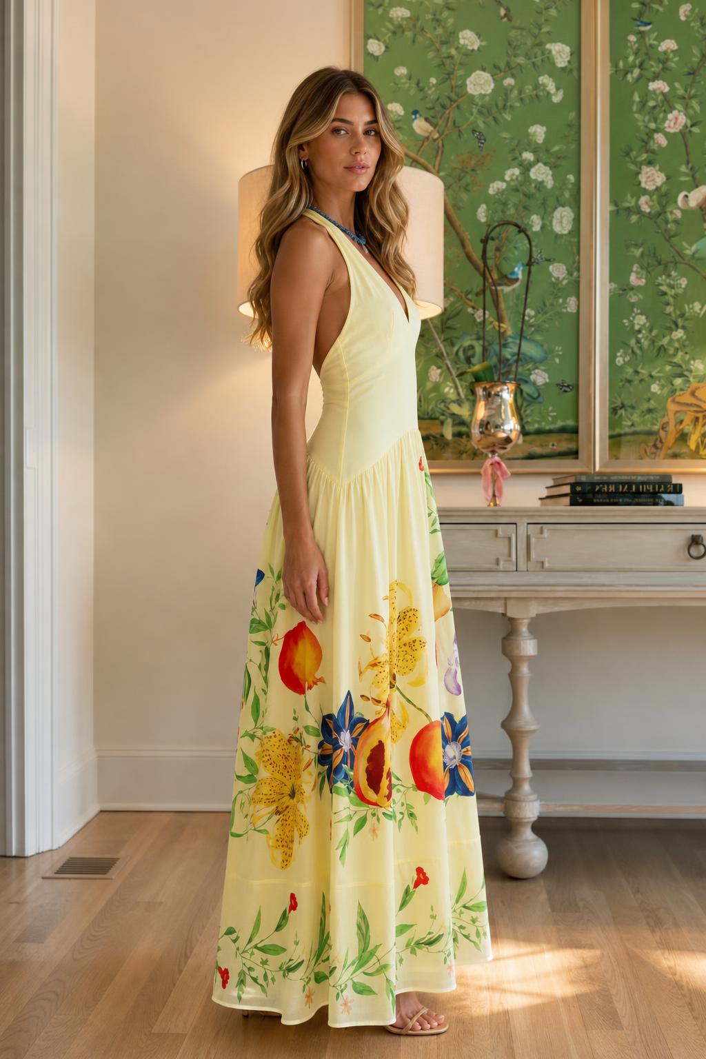 Side profile view of yellow maxi dress