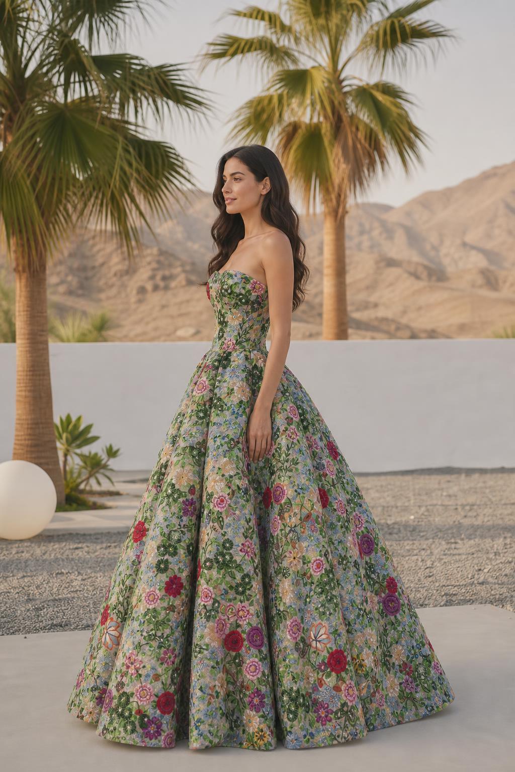 Side profile of multi green floral embroidered evening dress