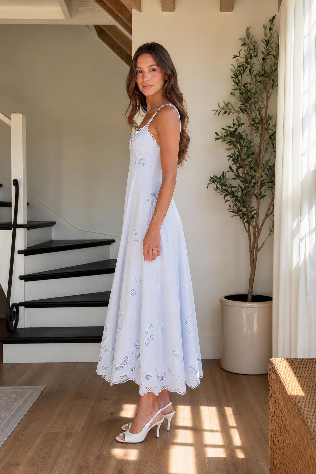 Elegance Embroidered Eyelet Midi Dress in Light Blue side view