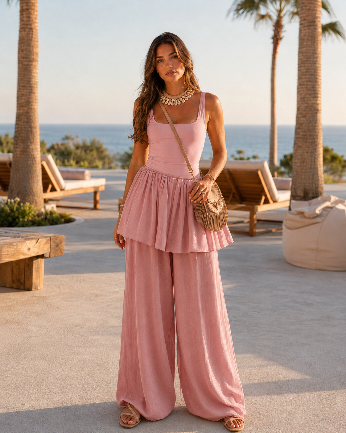Woman wearing a dusty rose square neck sleeveless jumpsuit with layered peplum waist and wide leg pants