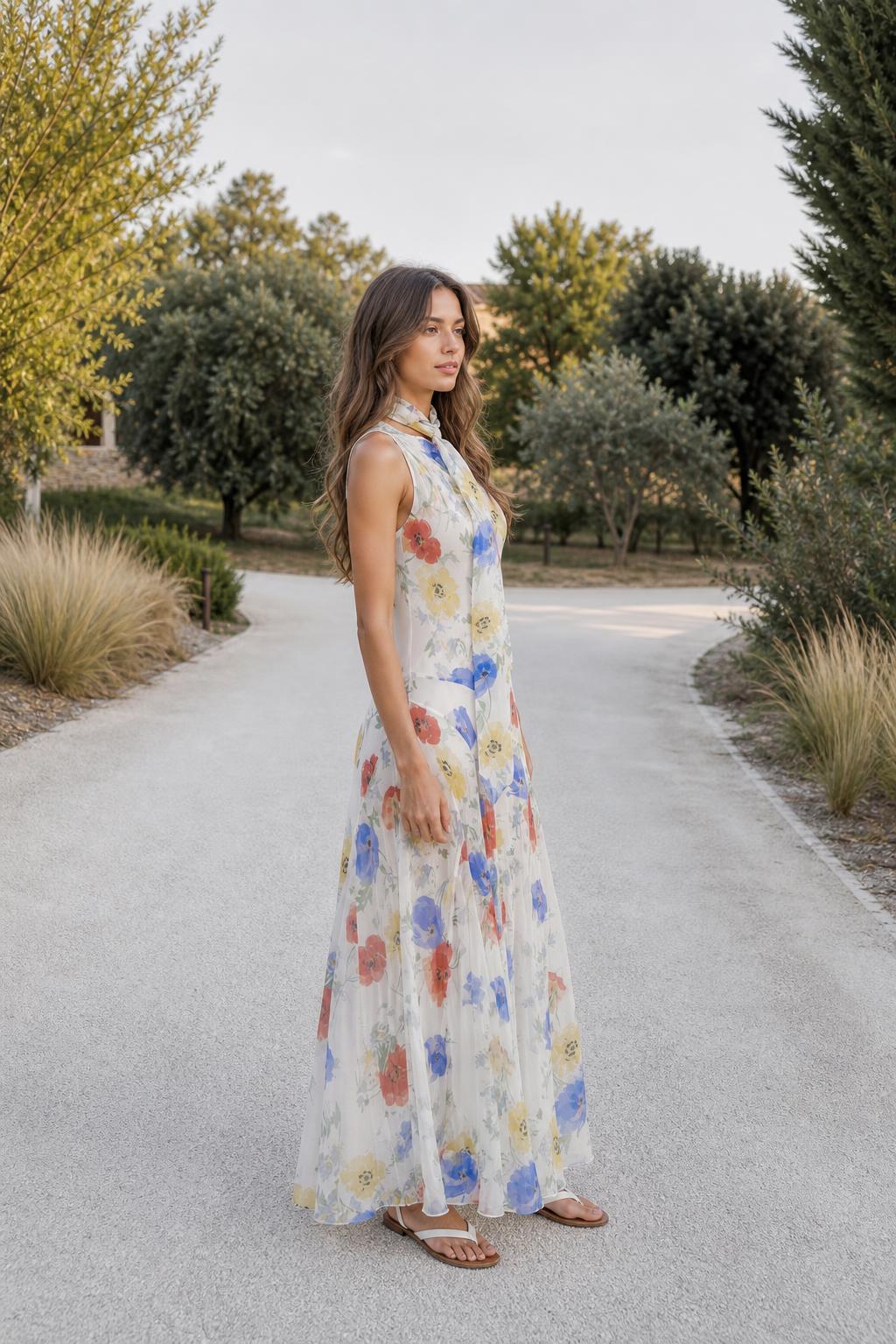 Side profile view of model in white floral maxi dress