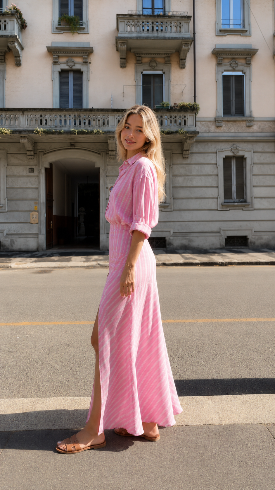 Side view of pink striped collared maxi dress with flowing skirt and waist definition