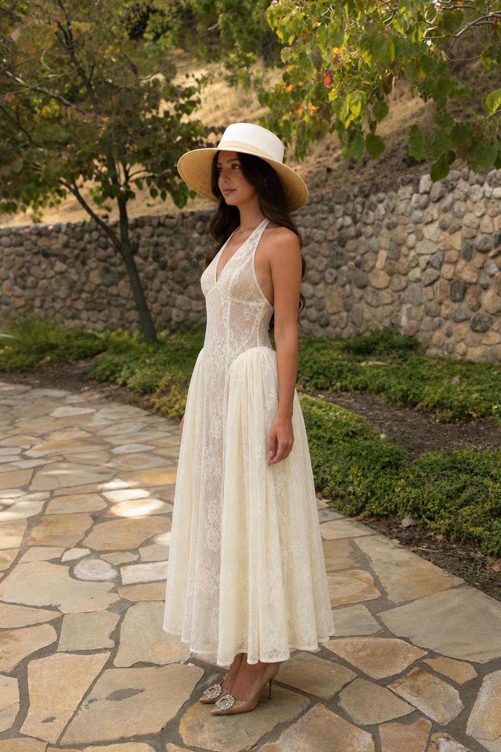 Side profile view of Cream Halter Lace Maxi Dress
