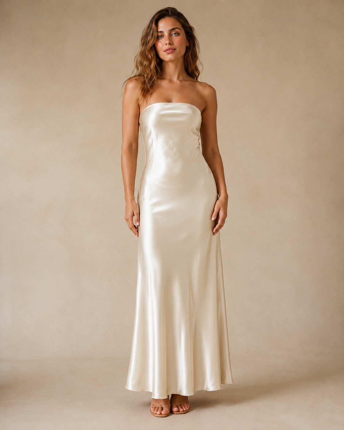 Front view of champagne strapless satin-look maxi dress with glossy finish and full length silhouette